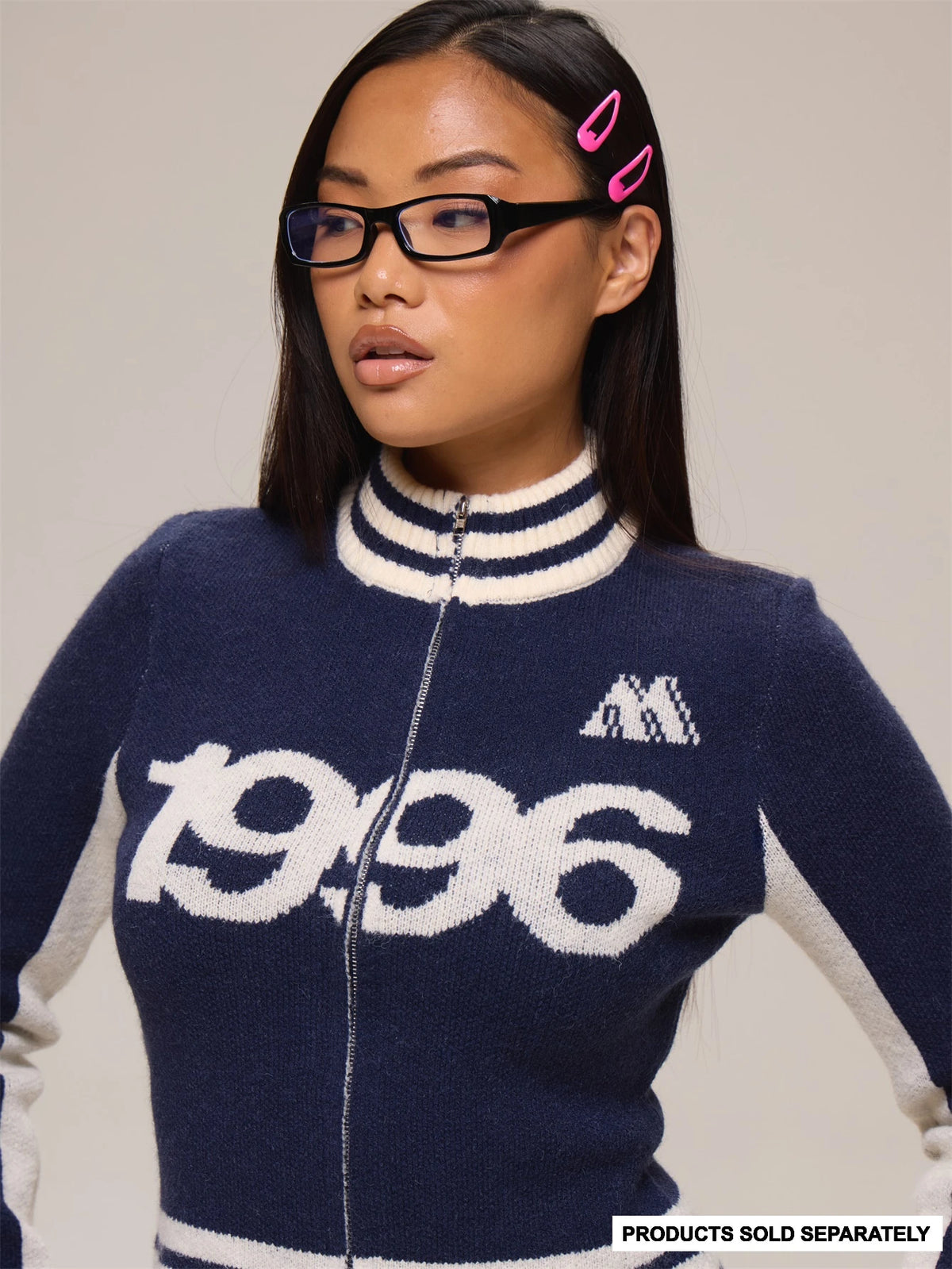 Navy Knit Graphic Zip Cropped Jacket