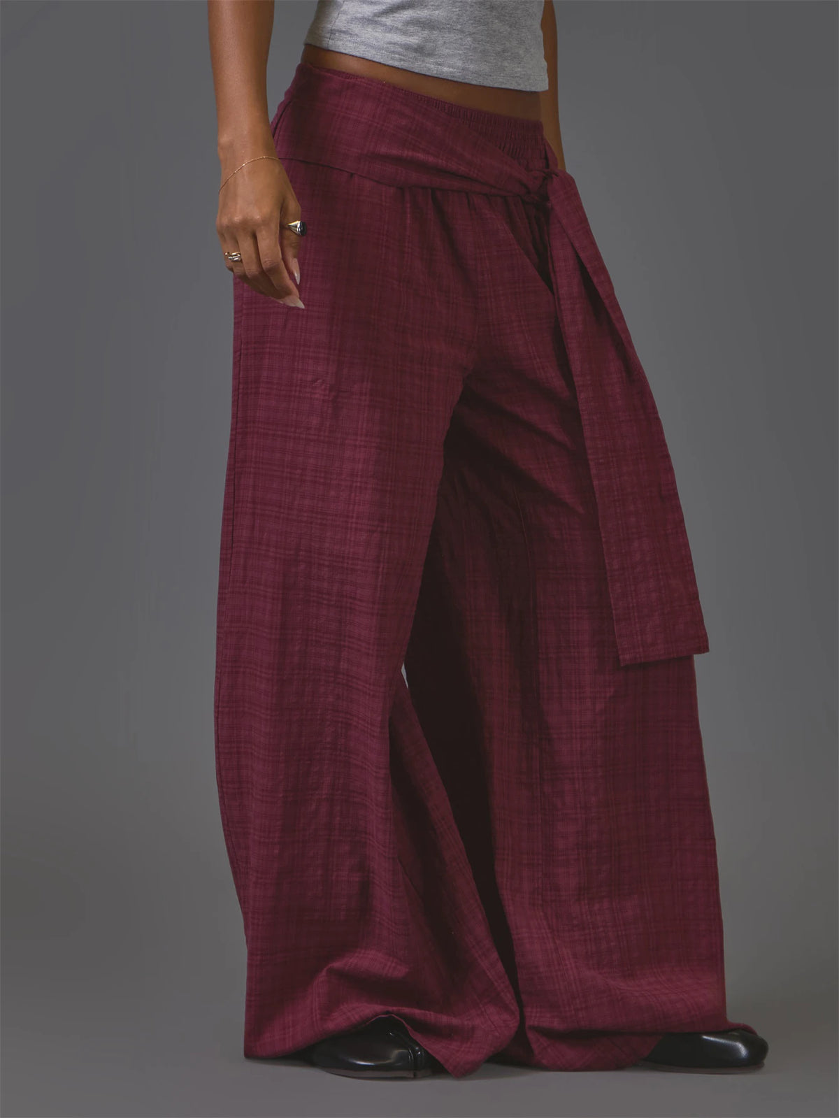 Burgundy Check Tie Waist Wide Leg Trousers